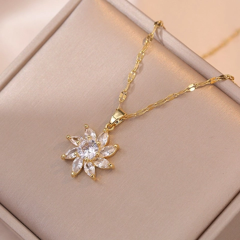 Titanstahl Sonnenblume Anhänger Halskette Gold Überzogen Funkelnde Zirkonia Daisy Mehrlagiger Schmuck Mode Damen Trendy
