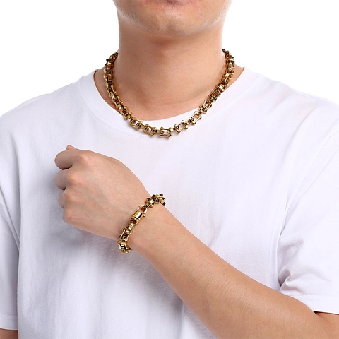 Herren Halskette Und Armband Schmuckset Aus Edelstahl Modische Trendy Bambus Gliederkette H-Shape Design Simple Hip-Hop-Stil