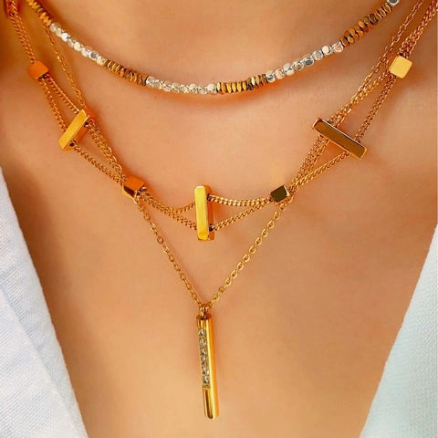 Minimalist Stainless Steel Necklace For Women Gold Silver Plated Rhinestone Bar Pendant Geometric Double Layer Beaded Necklaces Jewelry