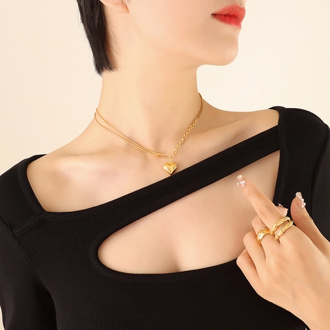 Collana Con Ciondolo A Cuore 3D Acciaio Al Titanio Placcato Oro 18K Catena Mista Perle Minimalista Inciso Luck Per Donna