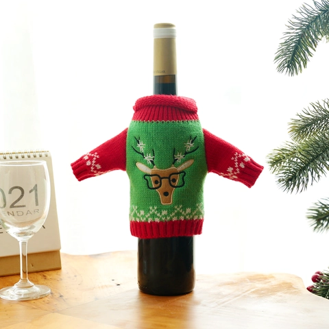 Funda Para Botella De Vino De Navidad Suéter De Punto Reno Muñeco De Nieve Campana Decoración De Mesa Bolsa De Regalo