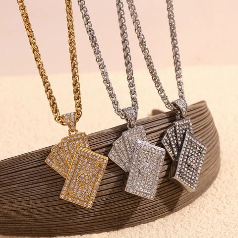 Collar Colgante Carta De Póker Chapado En Oro 18K Acero Inoxidable Diamantes De Imitación As De Picas Hip Hop