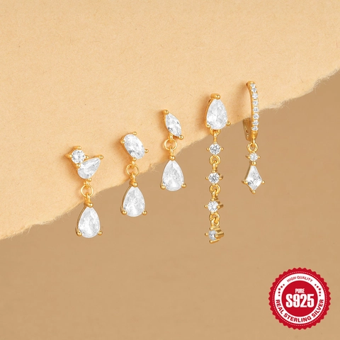 Eleganti Orecchini Pendenti Geometrici Con Perno In Argento Sterling 925 Zirconia AAAAA Placcato Oro Gioielli Donna