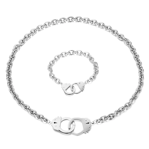 Handcuff Necklace And Bracelet Stainless Steel Hip Hop Punk Streetwear Couple Jewelry Accessory Gold Silver Color Polished