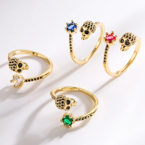 Anello Aperto Teschio Gotico Rame Placcato Oro Zirconia Cubica Regolabile Punk Hip Hop Gioielli Da Donna