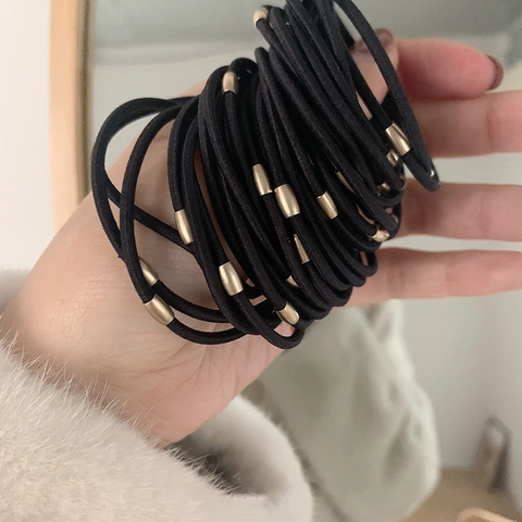 Durable High Elasticity Black Hair Ties With Gold Metal Bead Minimalist Korean Style Women Fashion Hair Styling Accessories