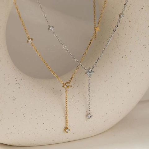 Edelstahl Blume Y Halskette Mit Zirkon Elegant PVD Beschichtet Zierlicher Schmuck Für Frauen