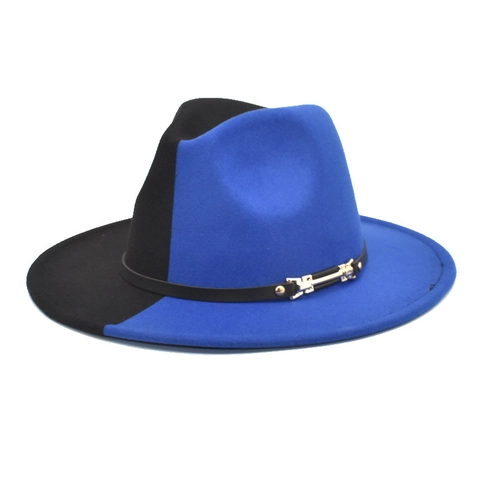 Two Tone Color Block Fedora Hat Woolen Felt Wide Brim Jazz Cap With Belt Buckle Vintage British Style For Men Women