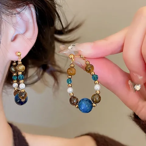 Beaded Hoop Ohrringe Mit 925 Sterling Silber Stecker Vintage Boho Tigerauge Stein Künstliche Perle Blaues Glas Schmuck Damen