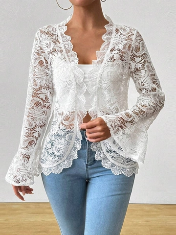 Dames Kant Cardigan Opengewerkt Bloemen Haakwerk V Hals Flare Lange Mouwen Elegant Wit Top