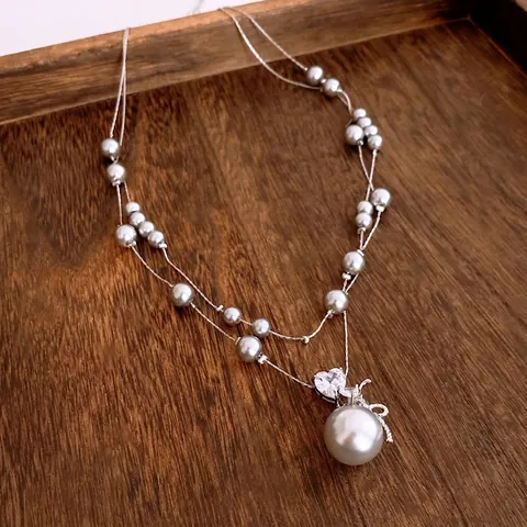Elegant Double Layer Grey Faux Artificial Pearl Necklace Heart Cubic Zirconia Pendant Brass Clavicle Chain For Women Jewelry