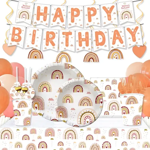 Boho Regenbogen Geburtstagsparty Zubehör Geschirr Dekoration Pappteller Tassen Servietten Luftballons Banner Tischdecke Boho Thema