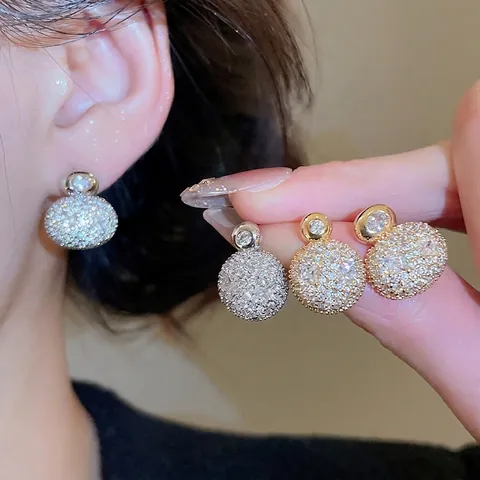 Round Oval Stud Earrings With Zircon Pave Gold Plated Copper And 925 Sterling Silver Earring Post Jewelry For Women