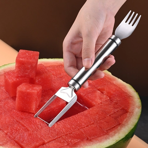 Watermelon Slicer Cutter Fork Dual Head Stainless Steel Portable Fruit Cube Maker Kitchen Gadget Manual Tool