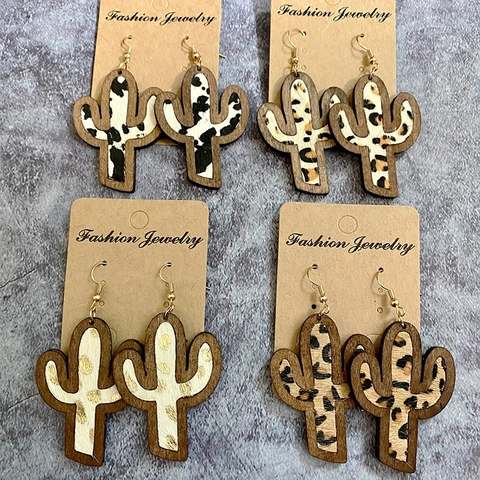 Cactus Drop Earrings Wood Inlay Genuine Leather Horse Hair Leopard Cow Print Western Bohemian For Women