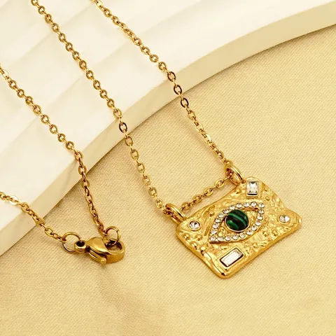 Evil Eye Anhänger Halskette Edelstahl 18K Vergoldet Rechteck Malachit Zirkon Vintage Schmuck Für Damen