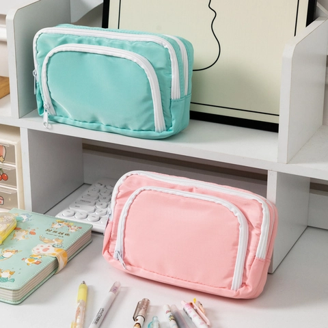 Large Capacity Pencil Case Polyester Front Window Stationery Pouch Double Zipper Student School Office Desktop Storage