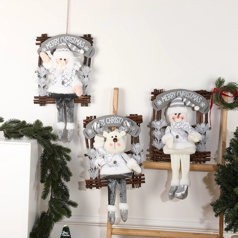 Weihnachtsanhänger Weihnachtsmann Rentier Schneemann Plüsch Holzrahmen Wanddeko Silber Pailletten Cartoon Festlich Haus