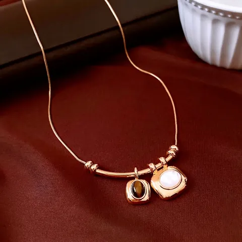 Collar Colgante Cuadrado Ojo De Tigre Cobre Chapado Oro 18K Nácar Blanco Doble Colgante Retro Joyería Mujer