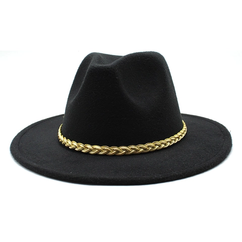 Wide Brim Fedora Hat Cotton Polyester Felt Classic Jazz Style Gold Braided Chain Band Unisex Vintage Formal Accessory