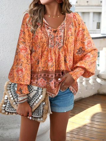 Women Bohemian V Neck Lace Up Long Sleeve Printed Viscose Blouse Spring Summer Floral Vacation Casual Top