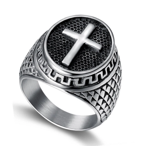 Retro Cross Ring Stainless Steel Punk Hip Hop Embossed Honeycomb Pattern Jewelry For Men
