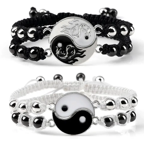 Pulseras Tejidas Yin Yang Tai Chi Tótem De Dragón Cuentas De Aleación Cuerda Ajustable Para Parejas Amistad Joyería