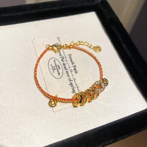 Red String Braided Bracelet Gold Plated Copper Ancient Coin With Zircon New Chinese Style Adjustable Jewelry For Women