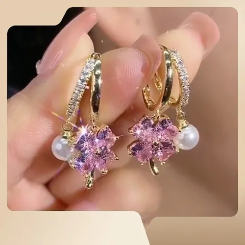 Four Leaf Clover Crystal Artificial Pearl Earrings Fashion Alloy Rhinestone Flower Heart Shape Dangle Drop Elegant For Women