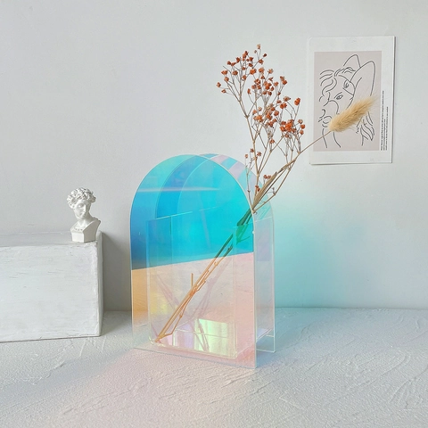 Moderne Irisierende Acryl Vase Geometrische Nordische Stil Regenbogen Blumentopf Für Wohnzimmer Büro Kunst Desktop Dekor