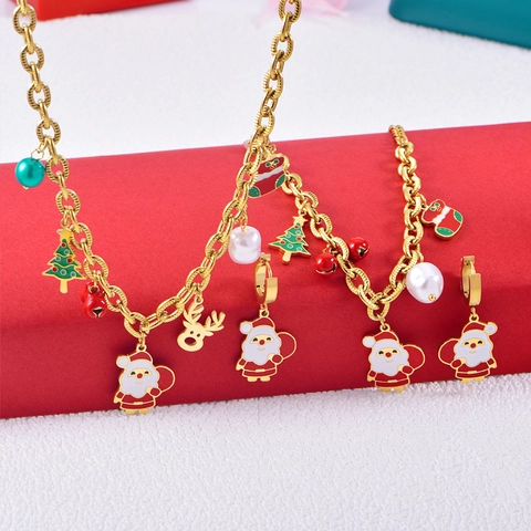 Christmas Stainless Steel Necklace Bracelet Earrings Jewelry For Women Santa Claus Reindeer Christmas Tree Pendant Artificial Pearl Enamel Ornaments