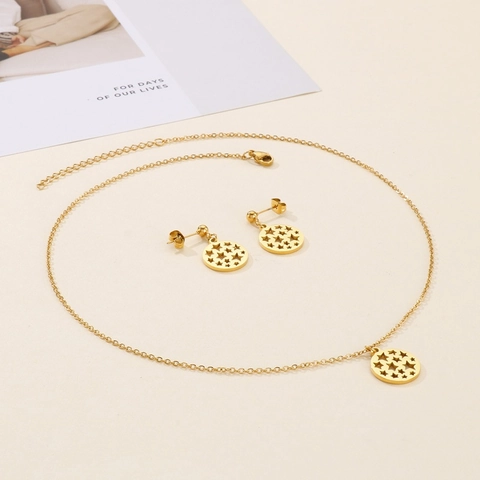 Collar Y Pendientes De Acero Inoxidable Colgante De Estrella Redonda Hueca Minimalista Elegante De Moda Para Mujeres