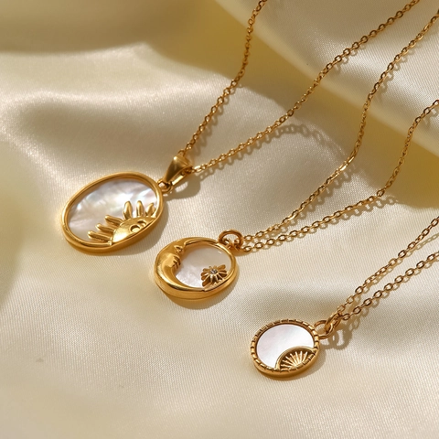 Sun Moon Star Pendant Necklace 18K Gold Plated Stainless Steel Mother Of Artificial Pearl Inlay Vintage Celestial Jewelry For Women