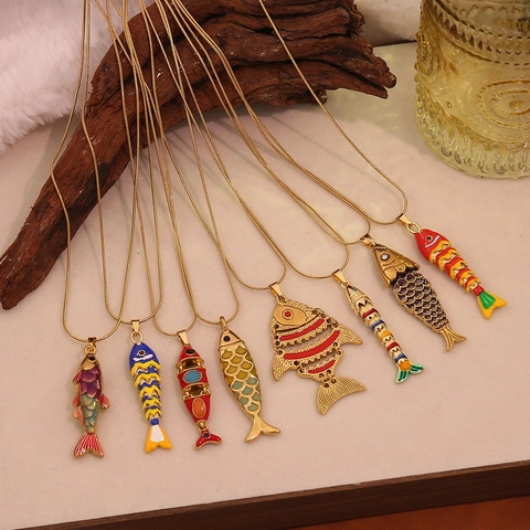 Vintage Koi Fish Pendant Necklace Stainless Steel Movable Colorful Enamel Animal Jewelry For Women