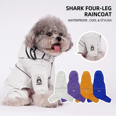 Dog Raincoat Waterproof Polyester Reflective Safety Strip Shark Hooded Full Body Jumpsuit For Small Medium Dogs