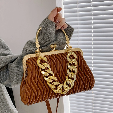 Women Pleated Evening Bag PU Leather Cloud Handbag With Chunky Gold Chain Circular Metal Handle And Crossbody Strap Retro
