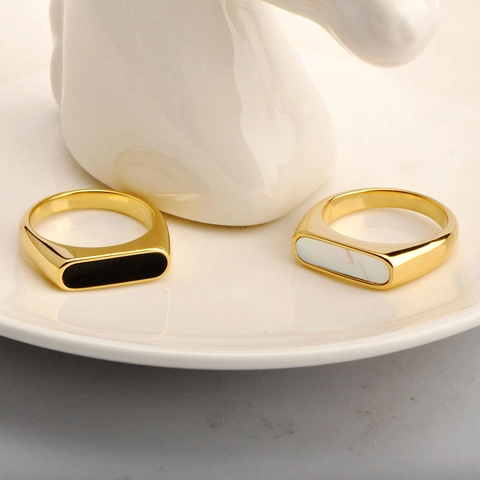Vintage Geometrischer Titanstahl Ring Für Damen Mit Muschel Perlmutt Inlay Französischer Stil Minimalistischer Schmuck