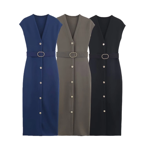 Vestido Midi Sin Mangas Con Cuello En V Para Mujer Color Sólido Elegante Poliéster Con Botones Y Cinturón Informal