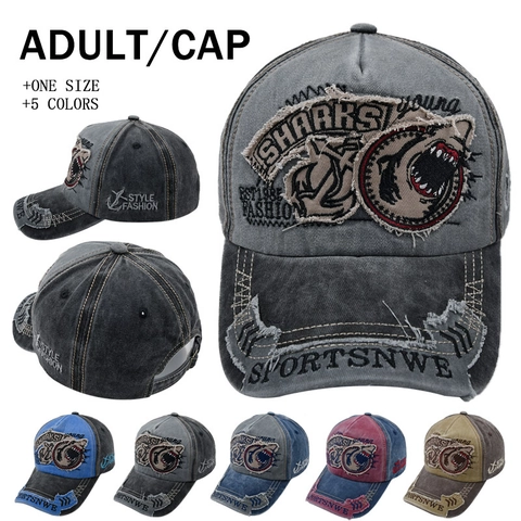 Baseball Cap Shark Embroidery Distressed Washed Cotton Retro Vintage Sun Hat Adjustable Curved Brim Streetwear For Adults