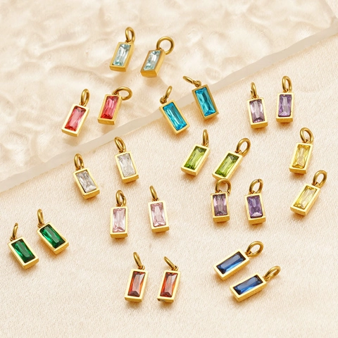 Rectangular Birthstone Charms Stainless Steel Gold Plated Zircon Pendants For DIY Jewelry Making Necklaces Earrings