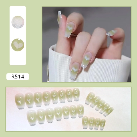 Press On Nails Gradient Green White Coffin Fake Nails With Heart Pattern Silver Glitter Shine Detachable Manicure For Women