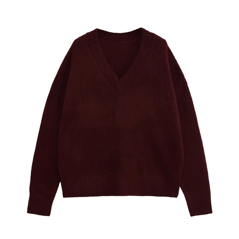 Suéter De Punto Con Cuello En V Ajuste Holgado De Manga Larga Informal Suave Para Mujer Top De Moda