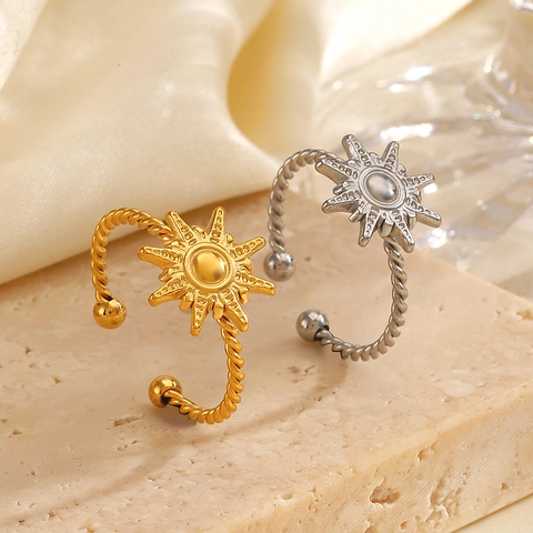 Stainless Steel Sun Starburst Ring Adjustable Twisted Rope Band Gold Plated Vintage Bohemian Jewelry For Women