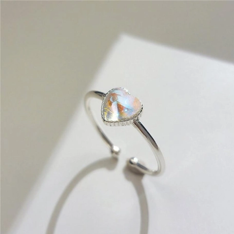 Anello Cuore Argento Sterling 925 Pietra Opale Iridata Sintetica Regolabile Aperto Gioiello Dito Romantico Francese