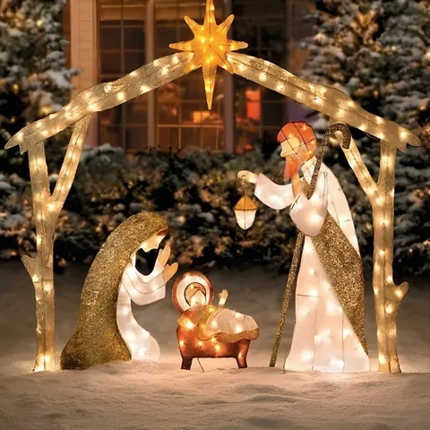 Christmas Nativity Scene Garden Stakes Metal LED Luminous Outdoor Lawn Decorations Holy Family Yard Signs For Xmas Decor