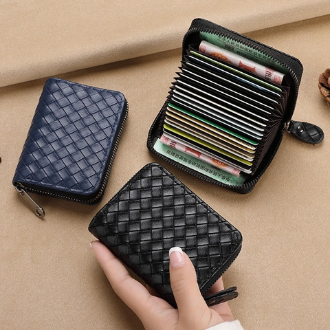 Woven PU Leather Card Holder Zipper Closure Accordion Style Large Capacity Multi Slot RFID Blocking Wallet For Women