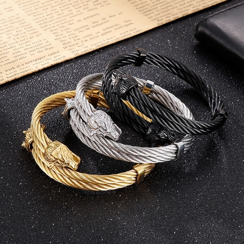 Brazalete Abierto De Cable Trenzado De Acero Inoxidable Con Dos Cabezas De Lobo Estilo Punk Vikingo Para Hombre