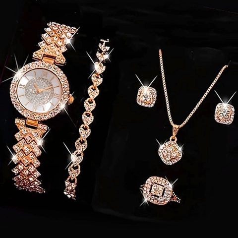 Montre à Quartz de Luxe avec Strass pour Femmes et Parure de Bijoux Bracelet Cœur Collier Boucles d'Oreilles Bague en Alliage Ensemble de Montre Mode pour Femmes