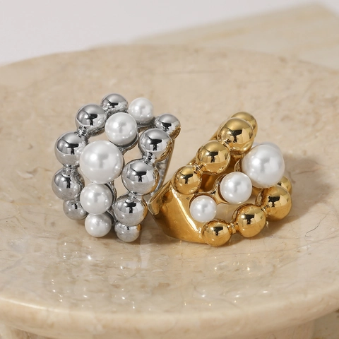 Stainless Steel Artificial Pearl Ring Women Wide Multi Layer Cluster Geometric Bubble Style Luxury Jewelry