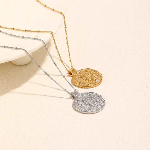 Collana Con Ciondolo A Moneta Rilievo Sole Luna Acciaio Inossidabile Placcato Oro Perla Artificial Zircone Stile Bohémien Vintage Donna